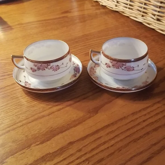 2 Antique Soko China hand painted cherry blossoms footed cup & saucer sets